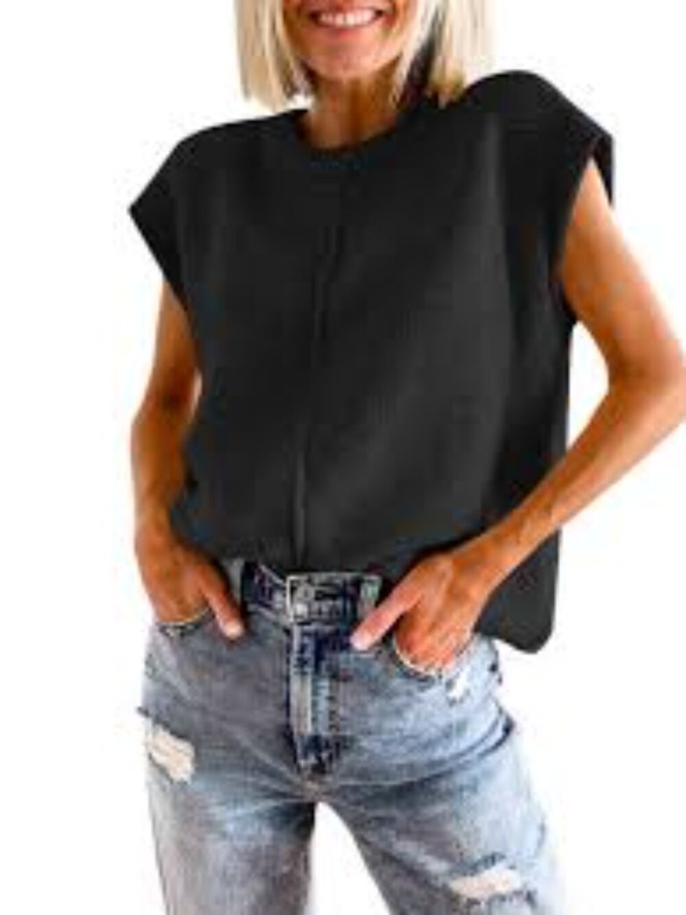 Black Sleeveless Knit Top with Center Stitch Detail